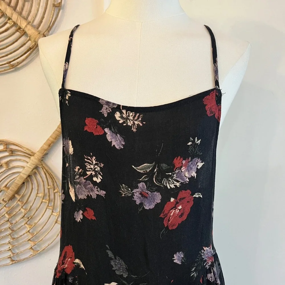 Free People‎ Black Rayon Circle of Flowers Tiered Ruffle Mini Dress Fairycore S